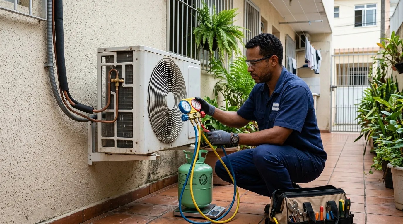Técnico fazendo carga de gás na condensadora do ar-condicionado em Salvador‑BA