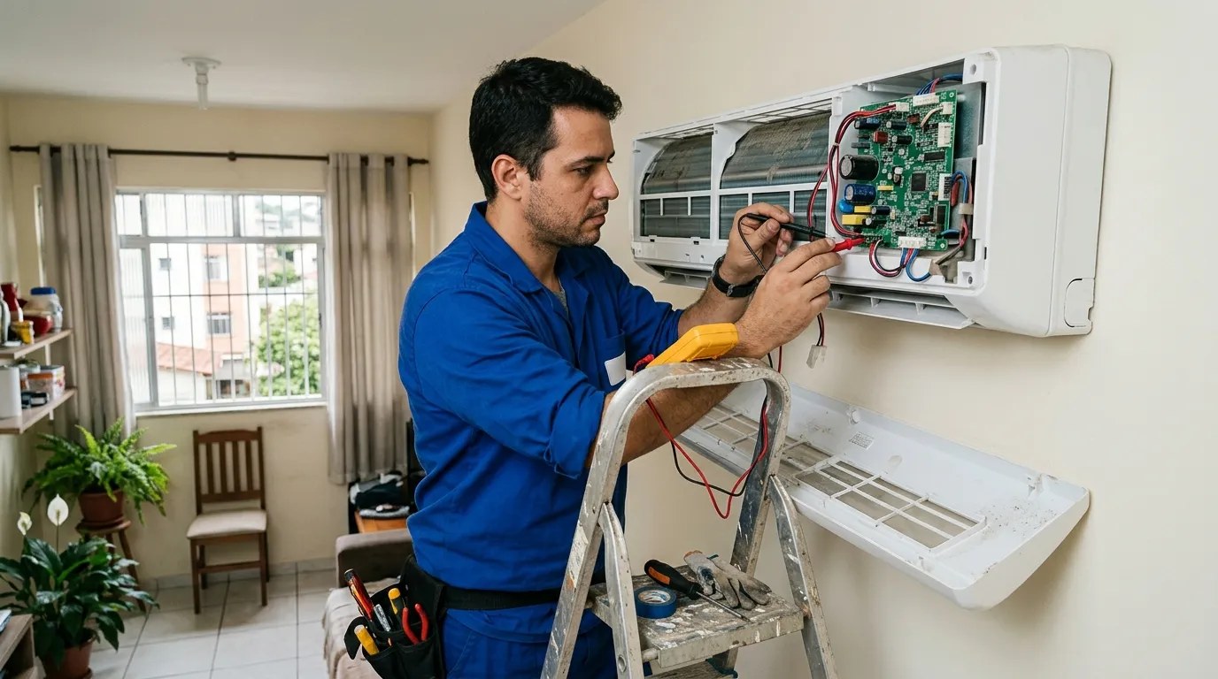 Técnico trocando a placa eletrônica de ar-condicionado split em Salvador‑BA