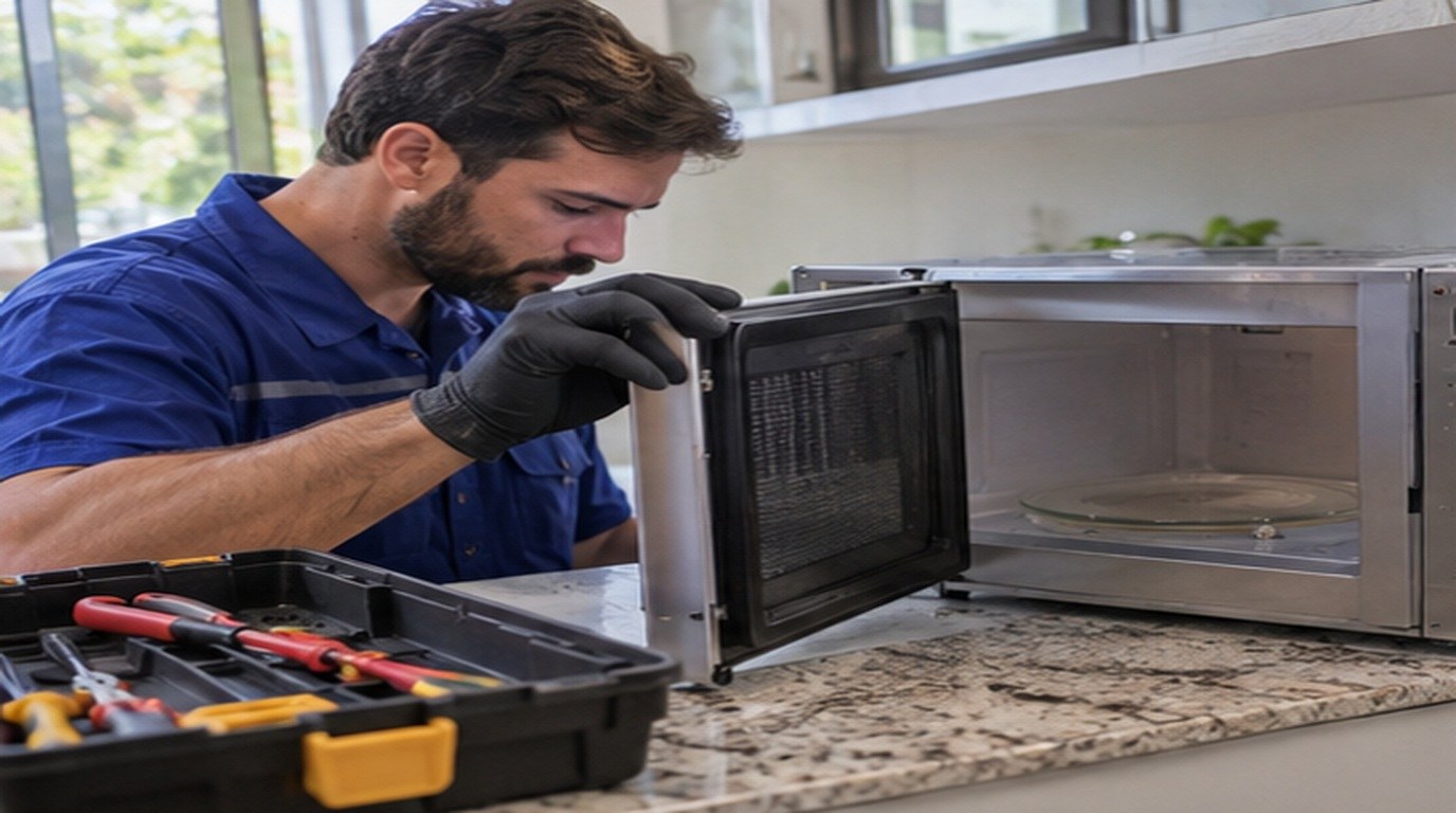 Conserto de micro-ondas em Salvador‑BA: técnico abrindo um micro-ondas de bancada