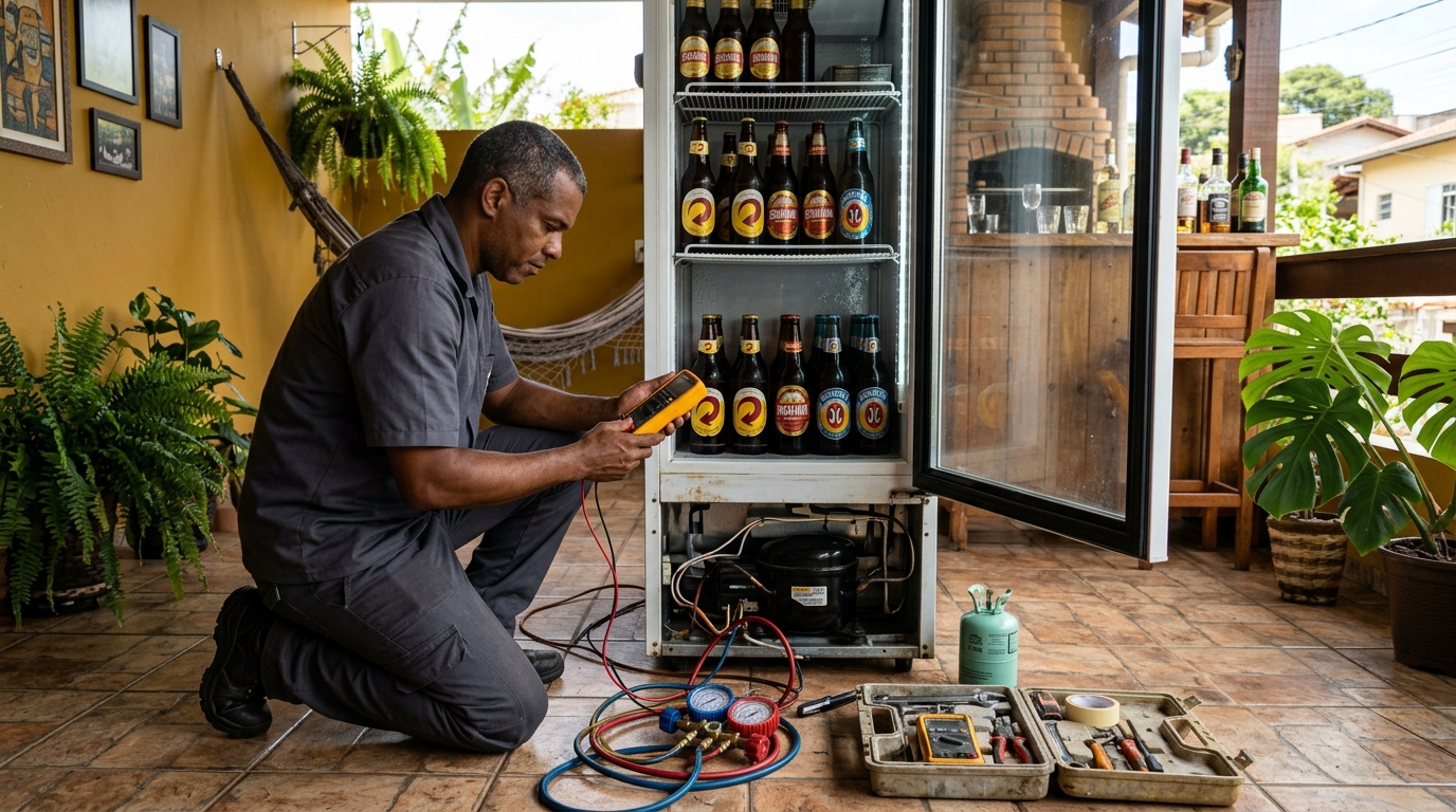 Placa eletrônica de cervejeira em reparo na bancada na IAPI, Salvador‑BA