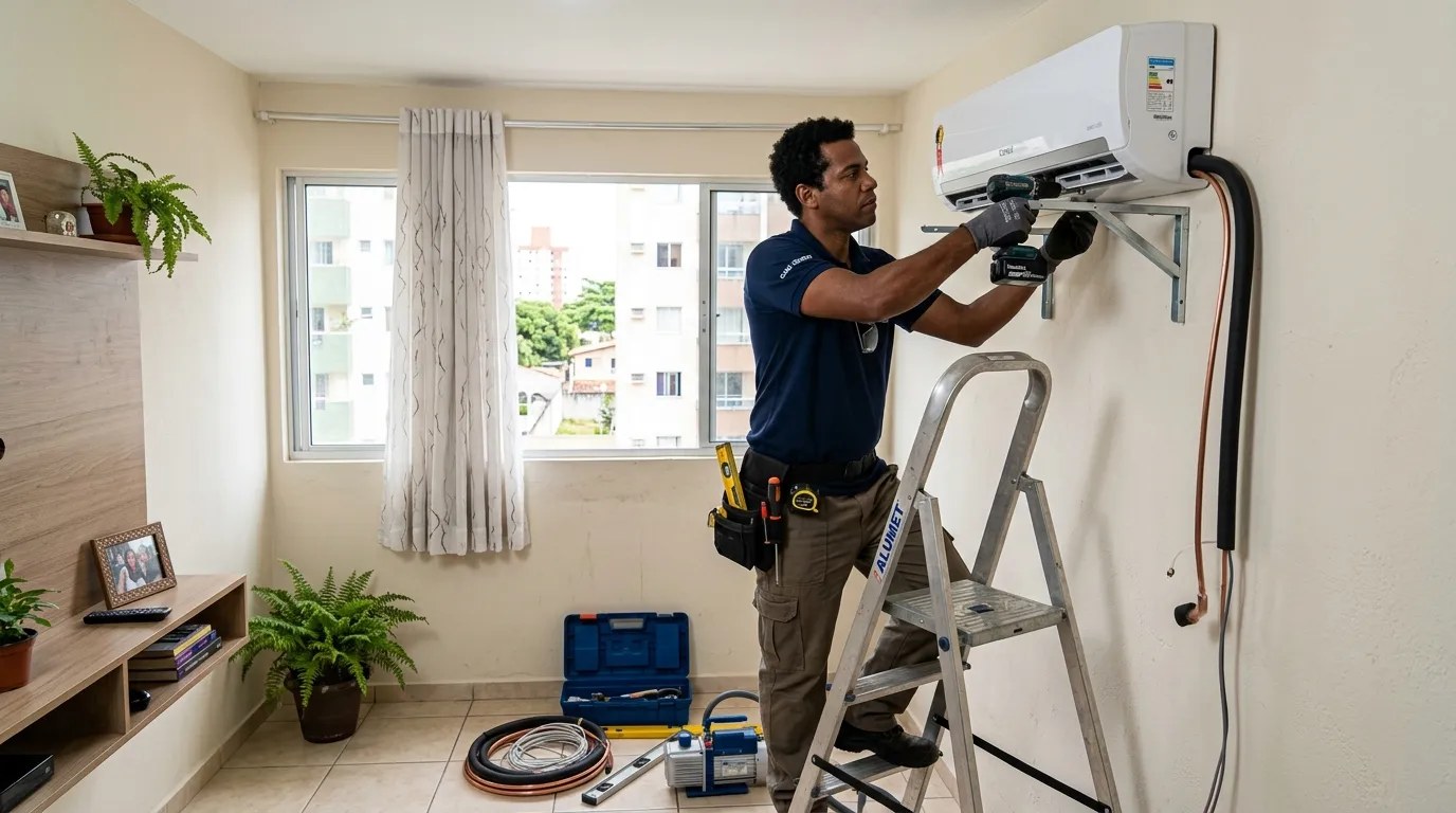 Técnico instalando ar-condicionado split em residência em Salvador‑BA