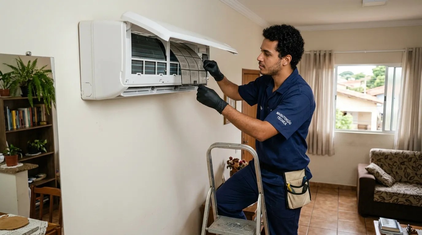 Técnico fazendo limpeza e higienização de ar-condicionado split em Salvador‑BA