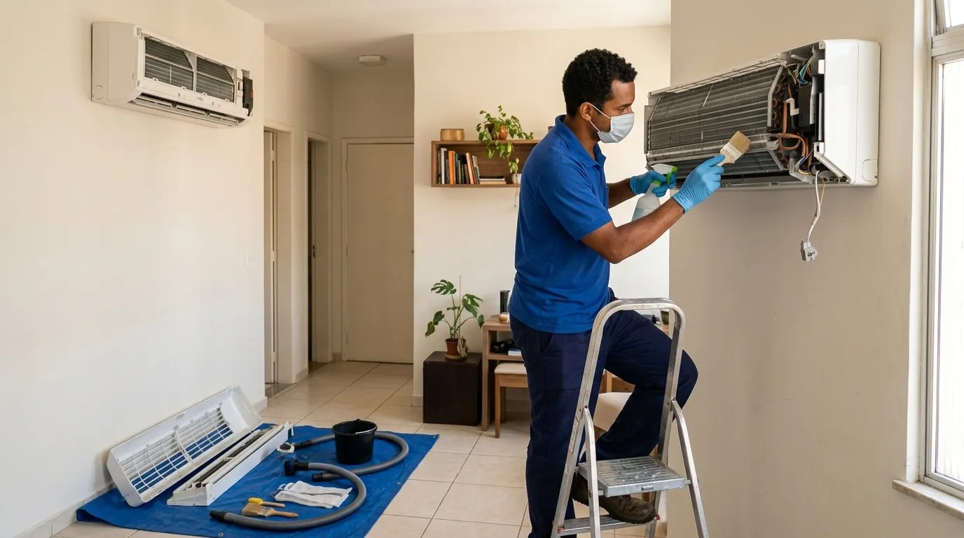 Técnico fazendo manutenção de ar-condicionado split em Salvador‑BA