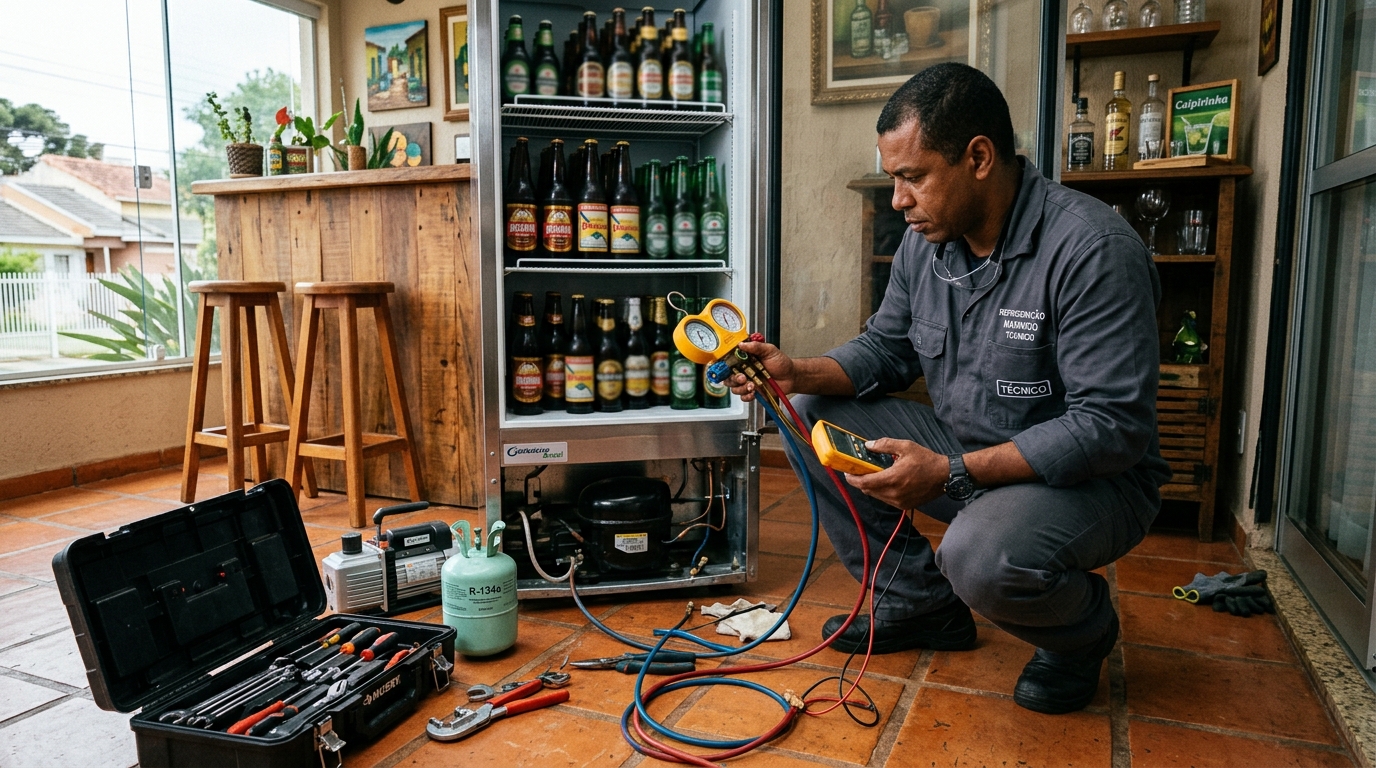Técnico conferindo a temperatura de uma cervejeira durante atendimento na IAPI, Salvador‑BA