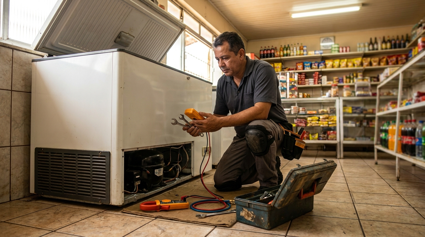 Técnico avaliando um freezer vertical durante atendimento em Salvador‑BA